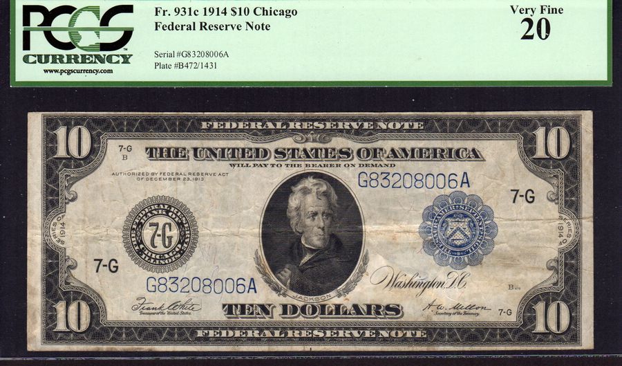 Fr.931c, 1914 $10 Chicago Federal Reserve Note, VF, PCGS-20